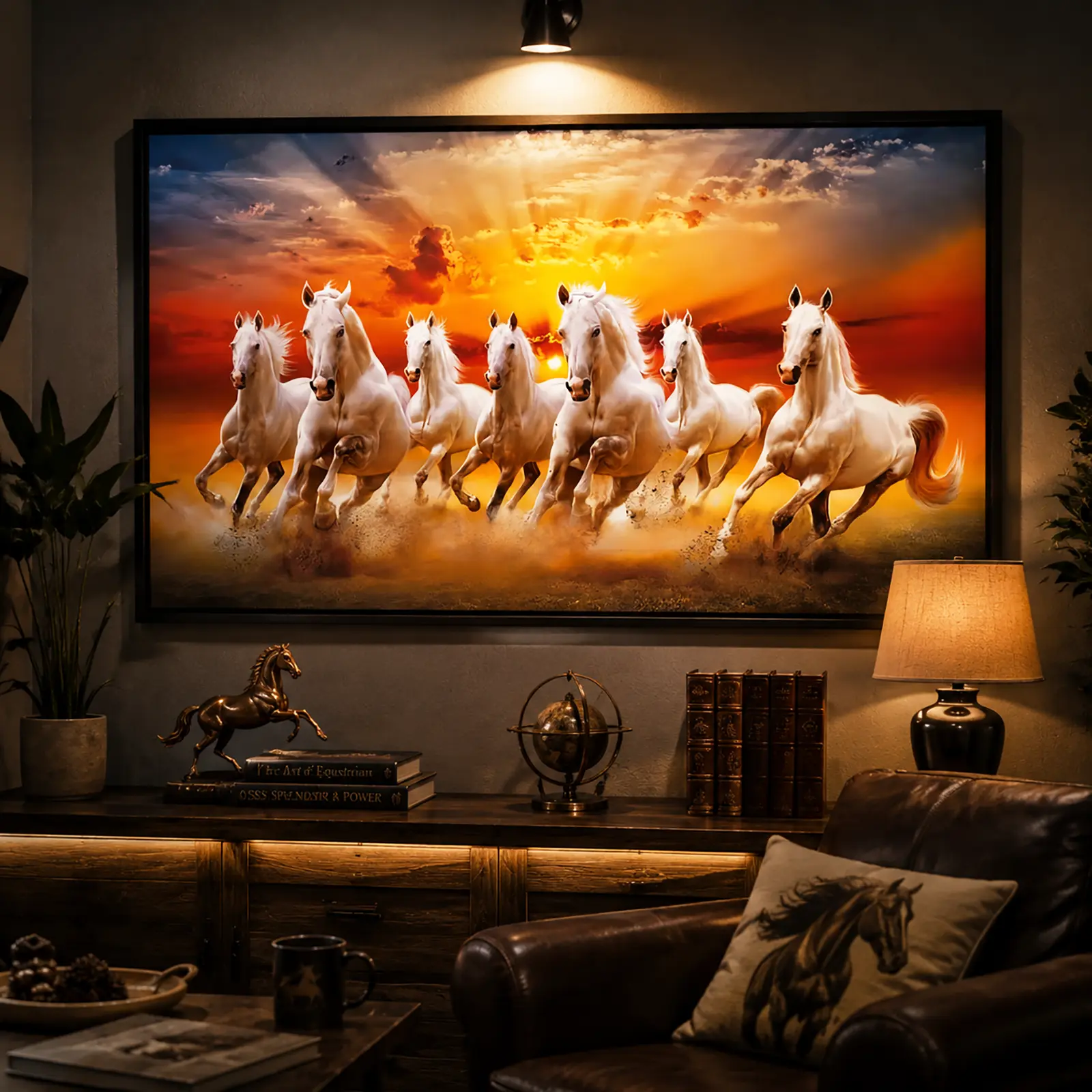 Seven Running Horses Canvas Wall Art Poster,Lucky Horse Sunset Poster, White Horse Painting Decor, Modern Farmhouse Home Decoration & Gift