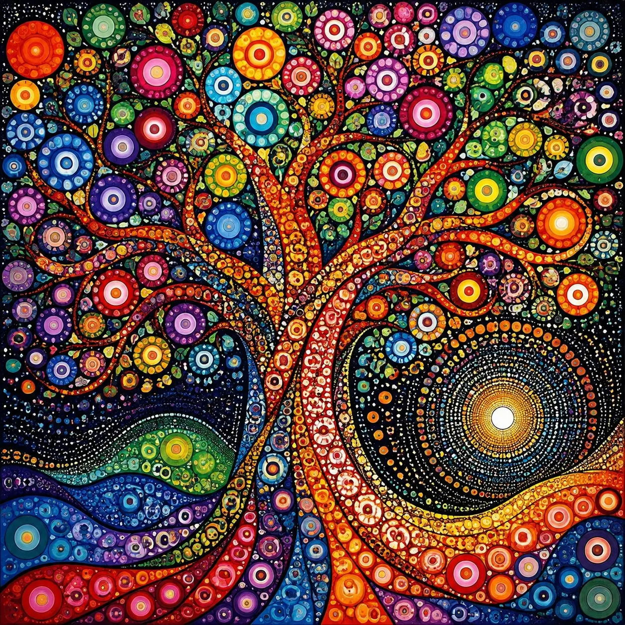 New High-Definition 5D Diamond Painting DIY Kit Colorful Dot Art Tree of Life Circular Pattern Abstract Rainbow Tree Sunset Wave Background Decorative Painting Full Diamond Square and Round Diamond Mosaic Cross Stitch Craft Gift Home Wall Holiday Gift