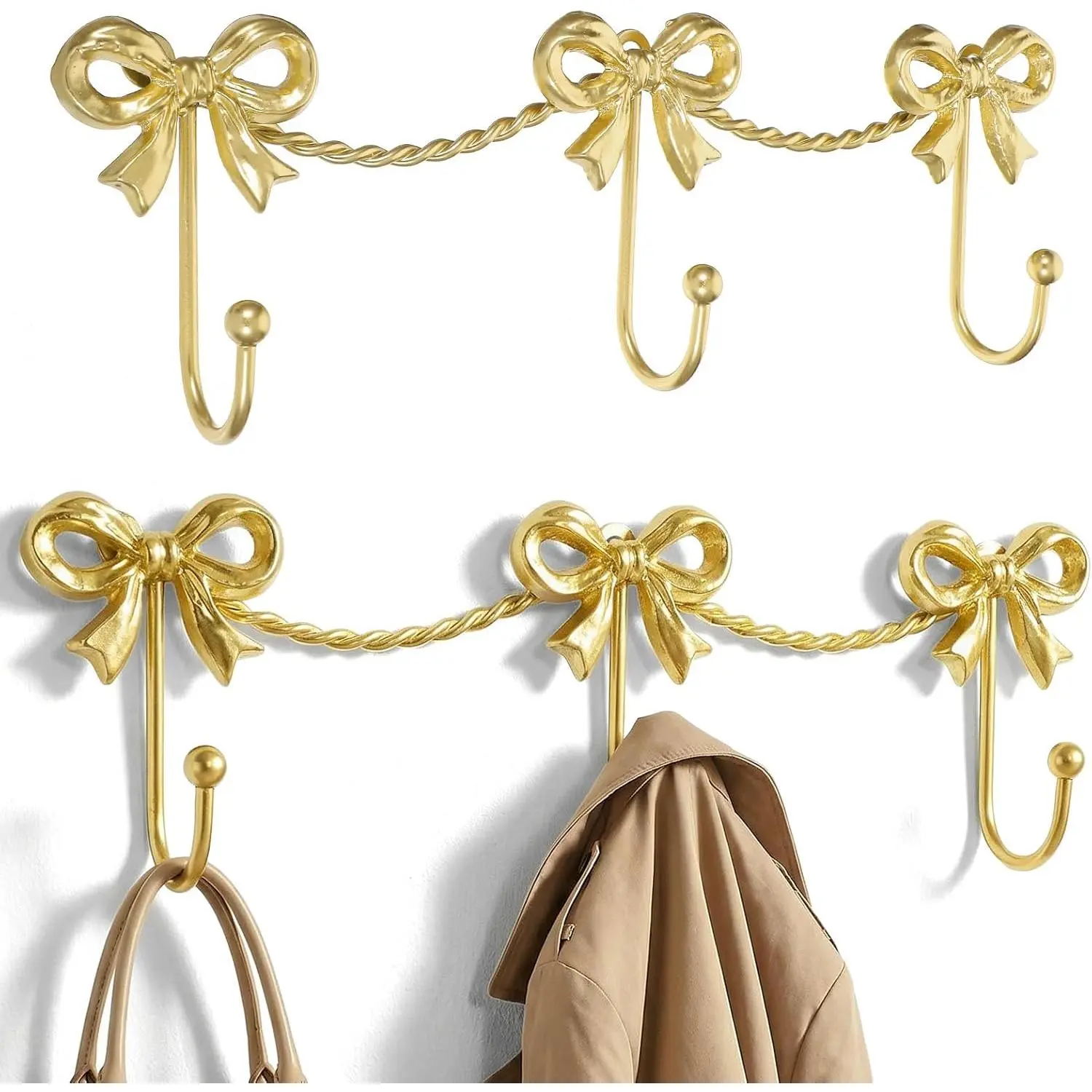 2-Pack Decorative Gold Triple Bow Knot Metal Hooks Set, Wall-Mount Hanging Coat & Towel Holder for Bathroom, Bedroom Decor, 14x4.5in (Ideal Gift for Home Organization), Cast Iron