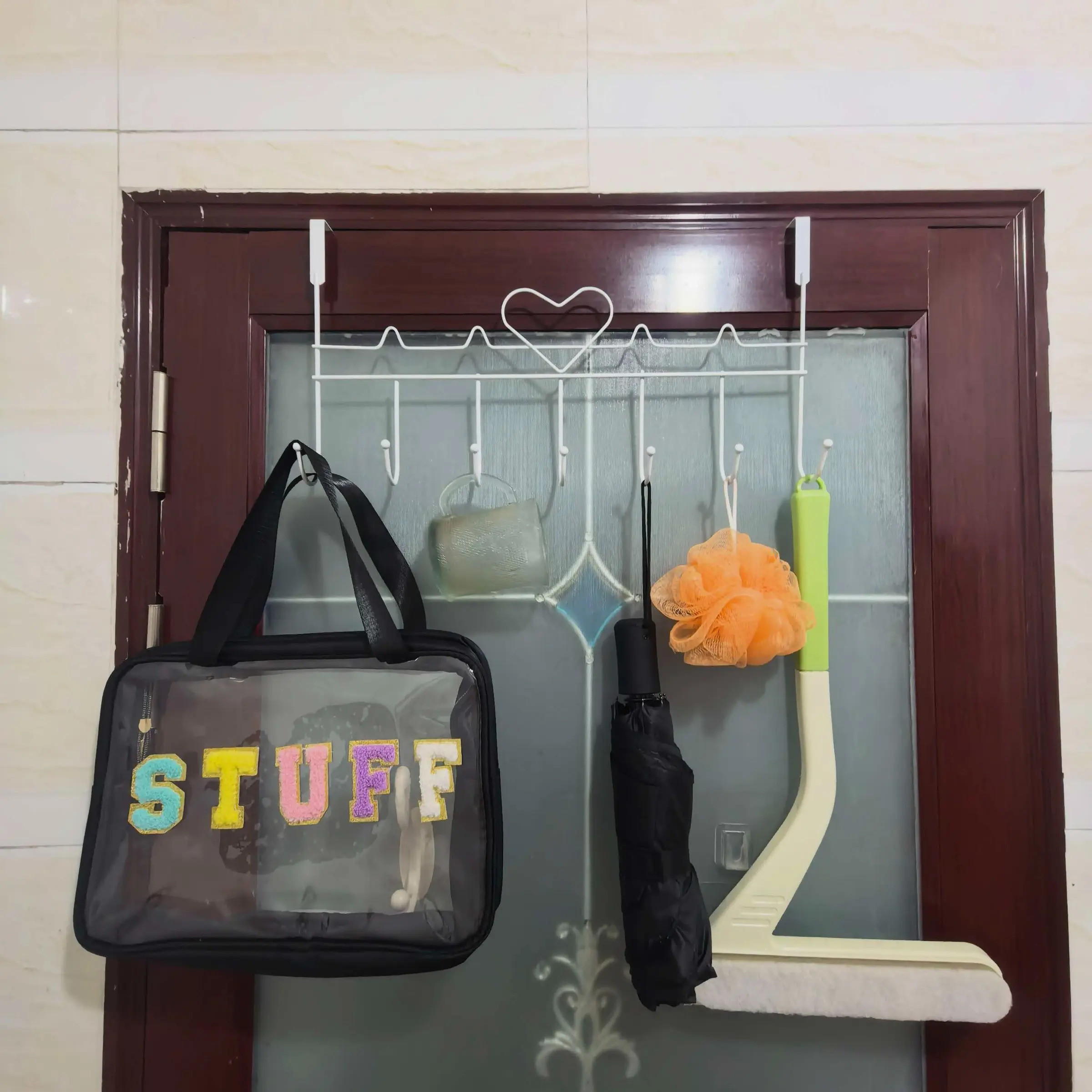 Space-Saving Metal Door Hanging Storage Rack, Hook Design, Easy Installation, Ideal for Towels Clothes Hats, No Drilling Required, Iron Art Design