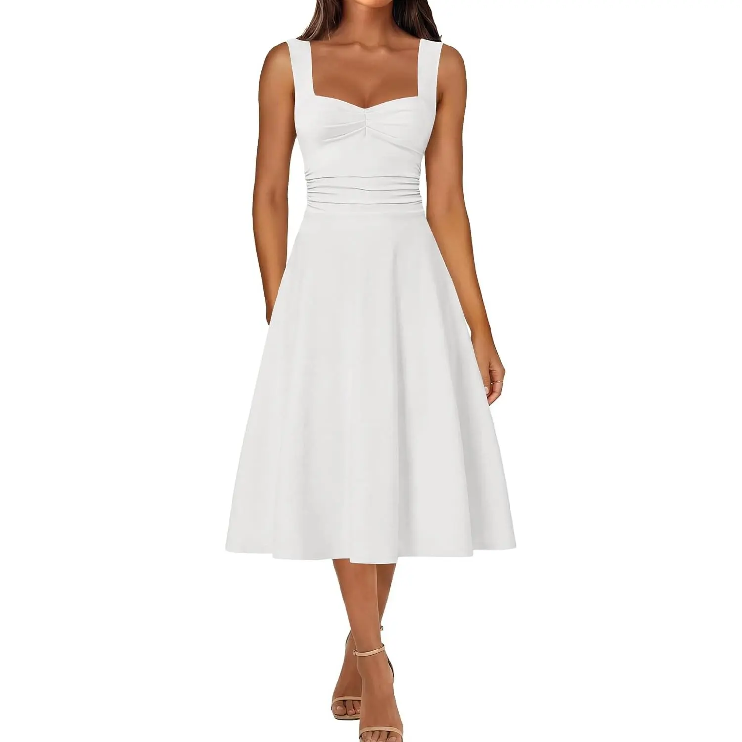 IWD Women's Square Neck A Line Midi Dress Ruched Waist Corset Flowy Elegant Wedding Guest Long Dresses