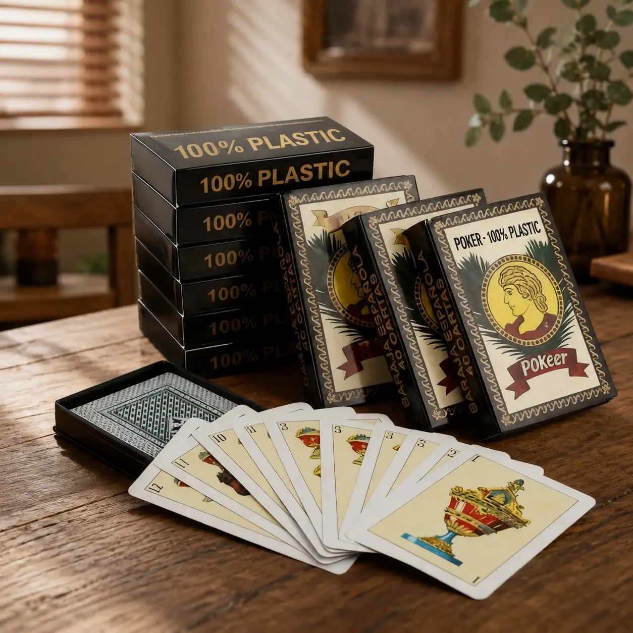 Waterproof Spanish Playing Cards 40 Card Deck Baraja Española Plastic Durable Poker Style Cards with Storage Box for Puerto Rican Mexican Traditional Spanish Card Games Family Party Travel Use