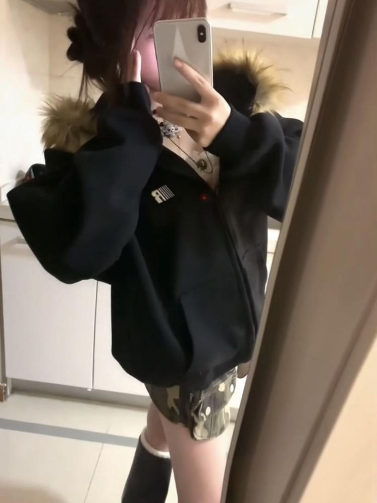 Harajuku Casual Fur Patchwork Hooded Hoodies 2025 Women Y2k Aesthetic Loose Pocket Streetwear Coats Grunge Zipper Sweatshirts