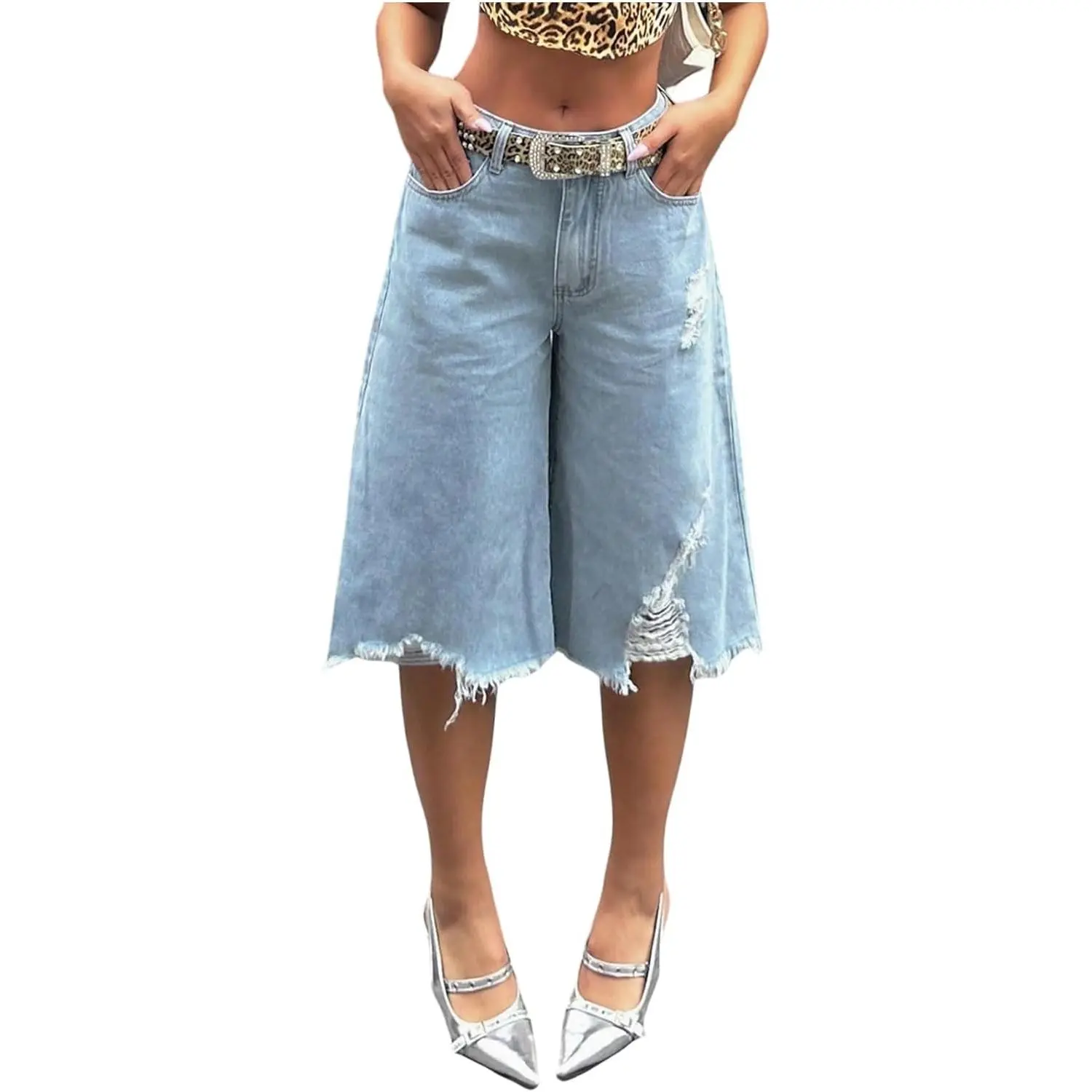 SOLY HUX Women's Summer Ripped Denim Shorts Y2k Wide Leg Baggy Cropped Jeans Capris Pants