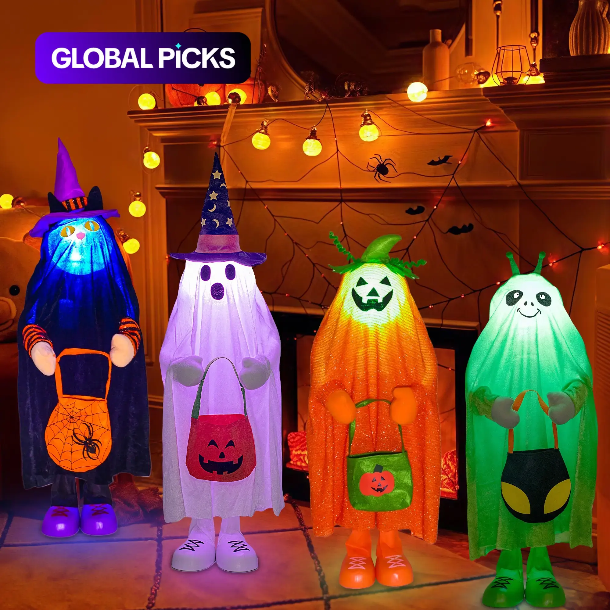 Halloween Standing Decoration, Festive Home Decoration, LED Lighted Ghost Face, Battery Operated, 4 Styles, Perfect for Courtyard, Porch, Living Room, Fireplace #GLOBAL PICKS