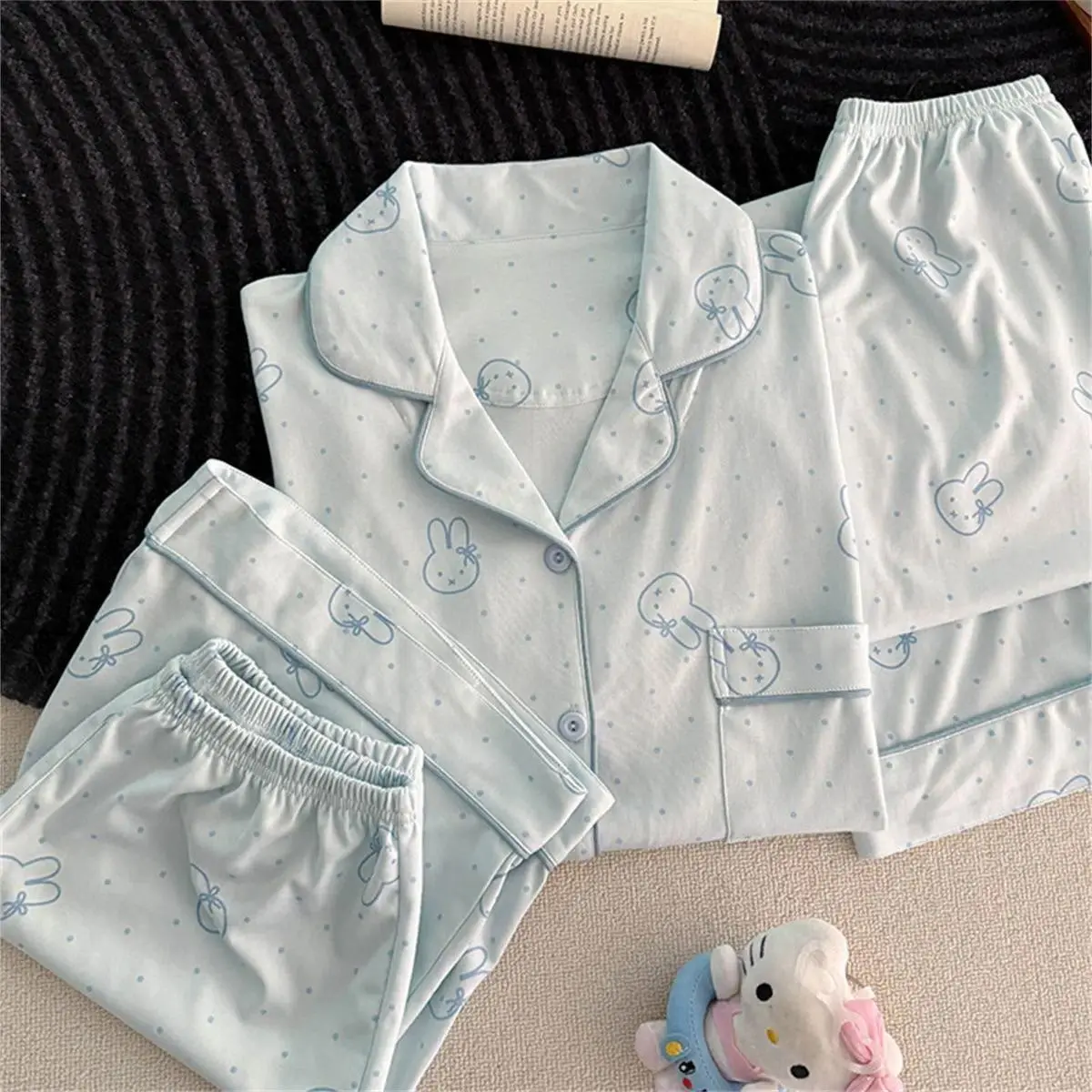 Kawaii Miffy Pajamas Cute Polka Dot Miffy Rabbit Pajama Set for Girls Summer Short-sleeved Long Pants Sweet Student Homewear Set