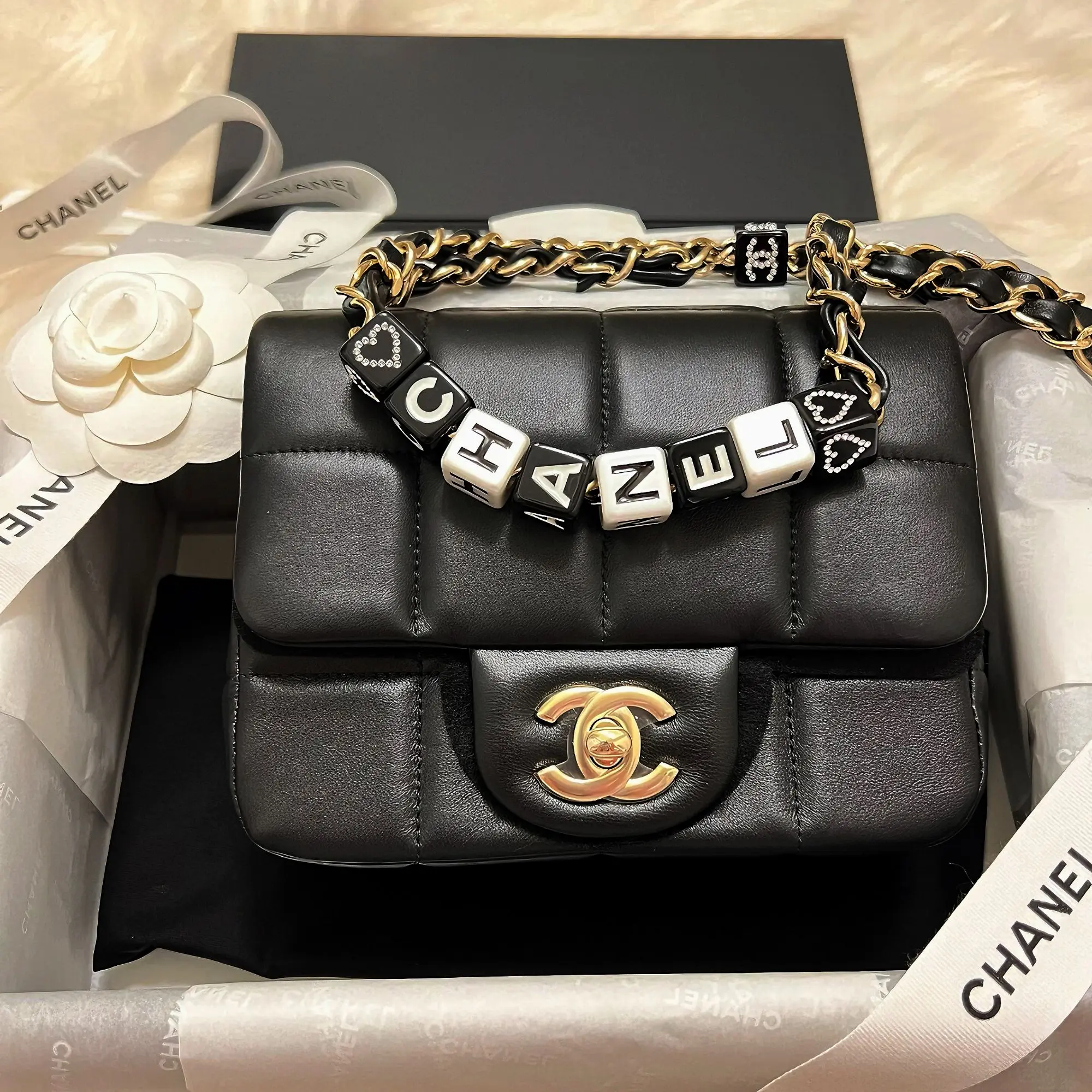 Pre-owned CHANEL SD3234|Preloved Authentic Letter Beads Chain Flap Bag Black Soft Lambskin Vintage Gold Tone Hardware Alphabet Heart Rhinestone Bead Chain With COA Authentication Certificate