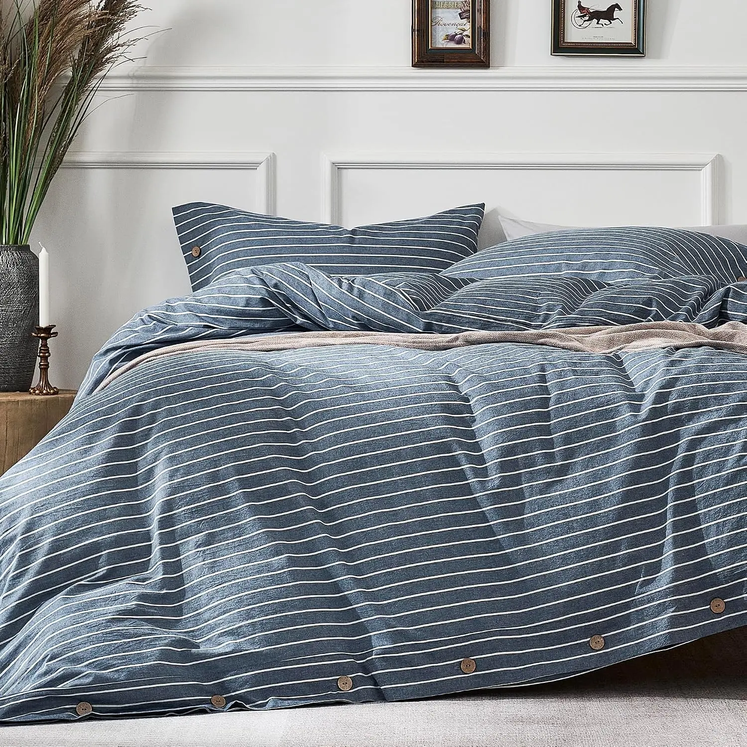 100% Washed Cotton Striped Queen Duvet Cover Set - Linen Texture, Oeko-Tex Certified, 8 Corner Ties, Button Closure, Versatile for Bedroom & Guest Room Use, Striped Look
