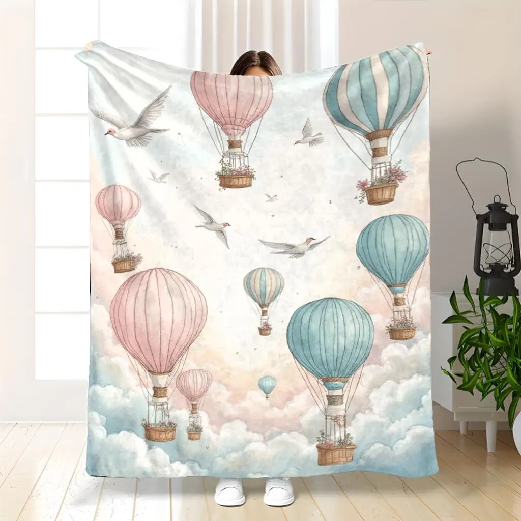 Hot Air Balloon Flannel Blanket - Cozy Lightweight -Season Bedspread Suitable for Home, Travel & Camping, Modern Hot Air Balloon Print Design, Soft Warm Throw for &, Polyester Bedding for or Guest Room