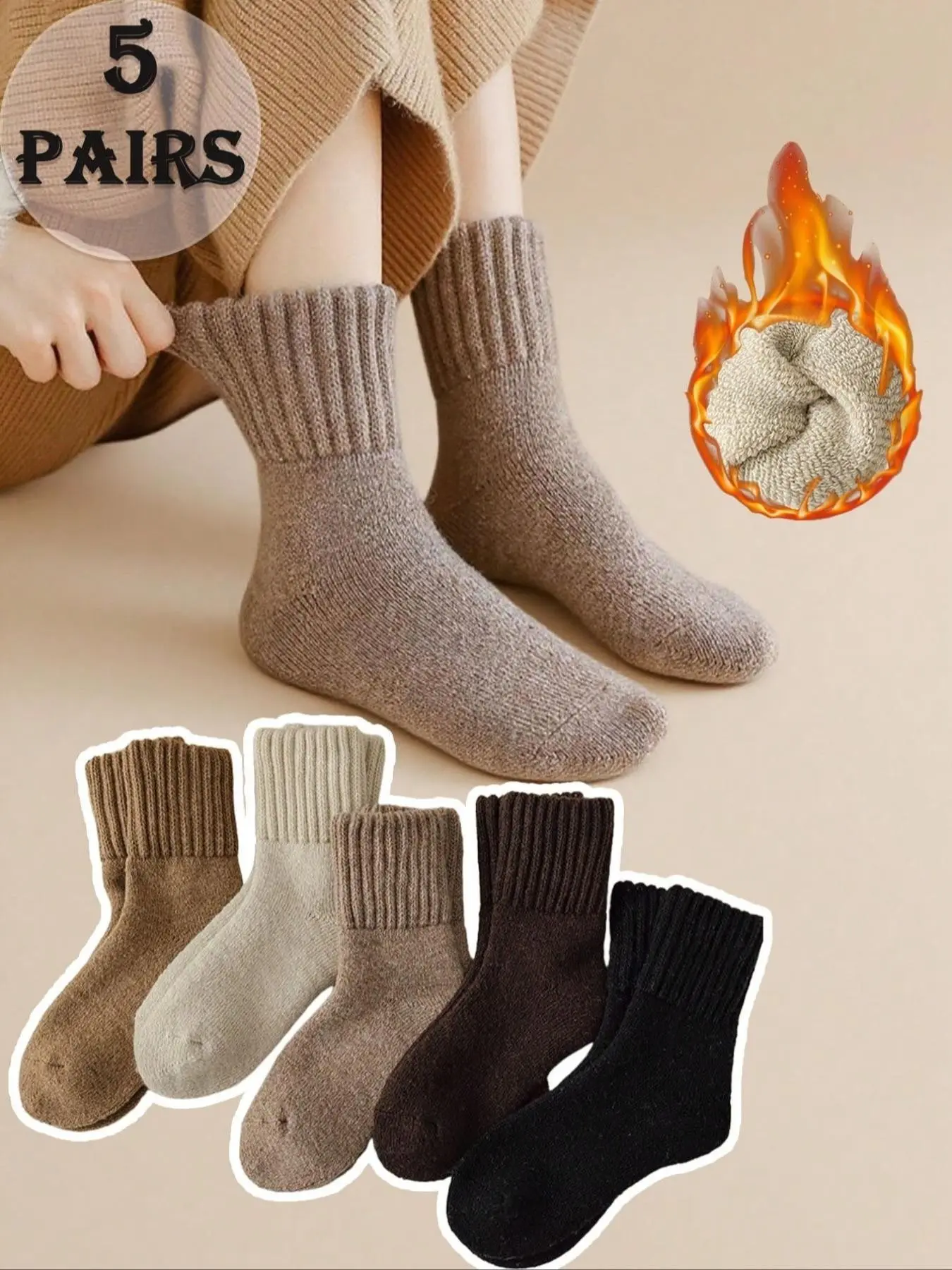 5 Pairs Women's Socks, Warm Fuzzy Crew Socks, Plain Color Mid-Calf, Thickened Knit, Ideal for Sports and Fitness, Fall Winter