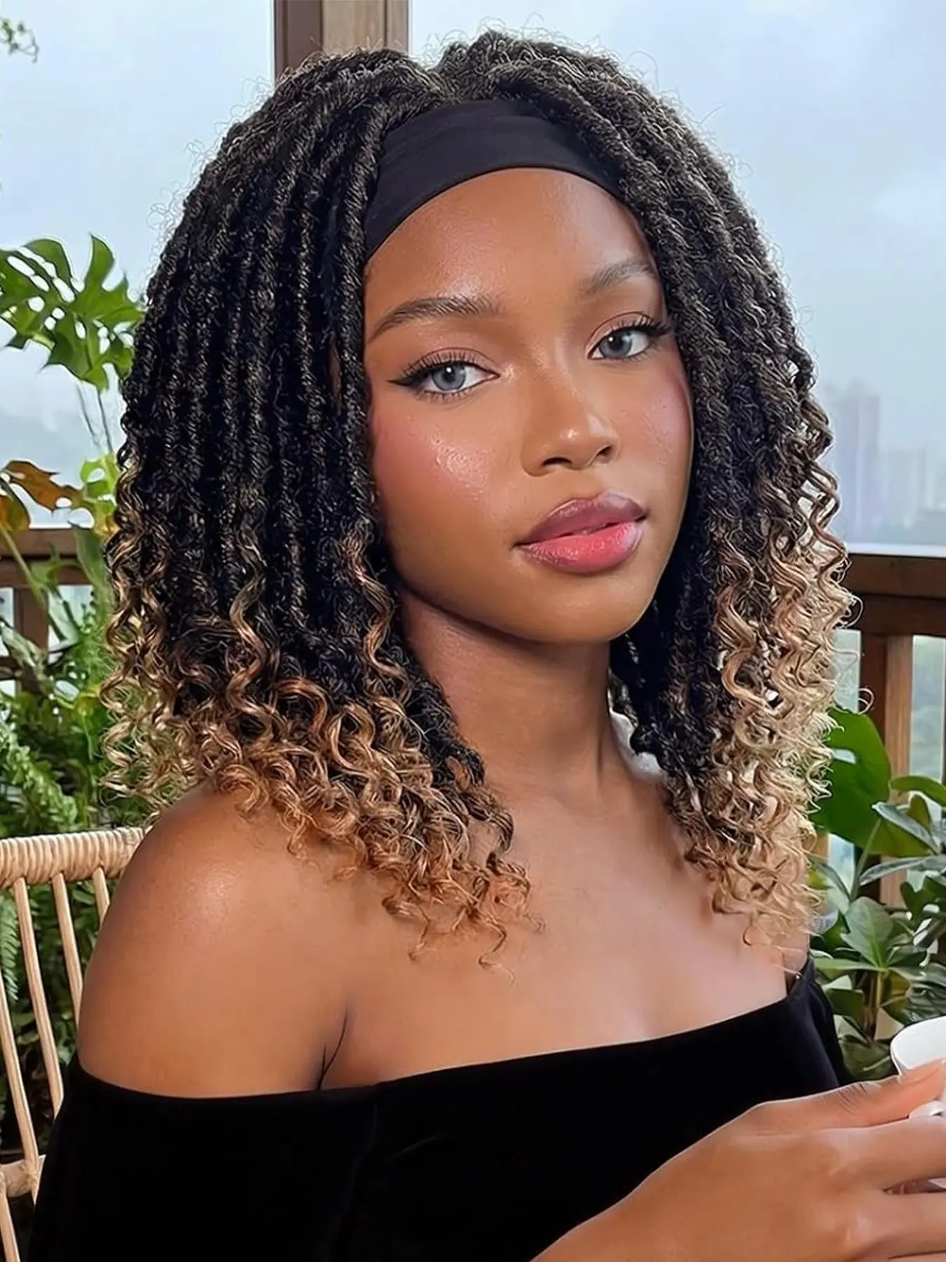 16 Inch Afro Curly Braided Headband Wig for Women, Braided Hair Wigs, Glueless Synthetic Wig, Heat Resistant Faux Locs, 1b Natural Hair, Daily Use