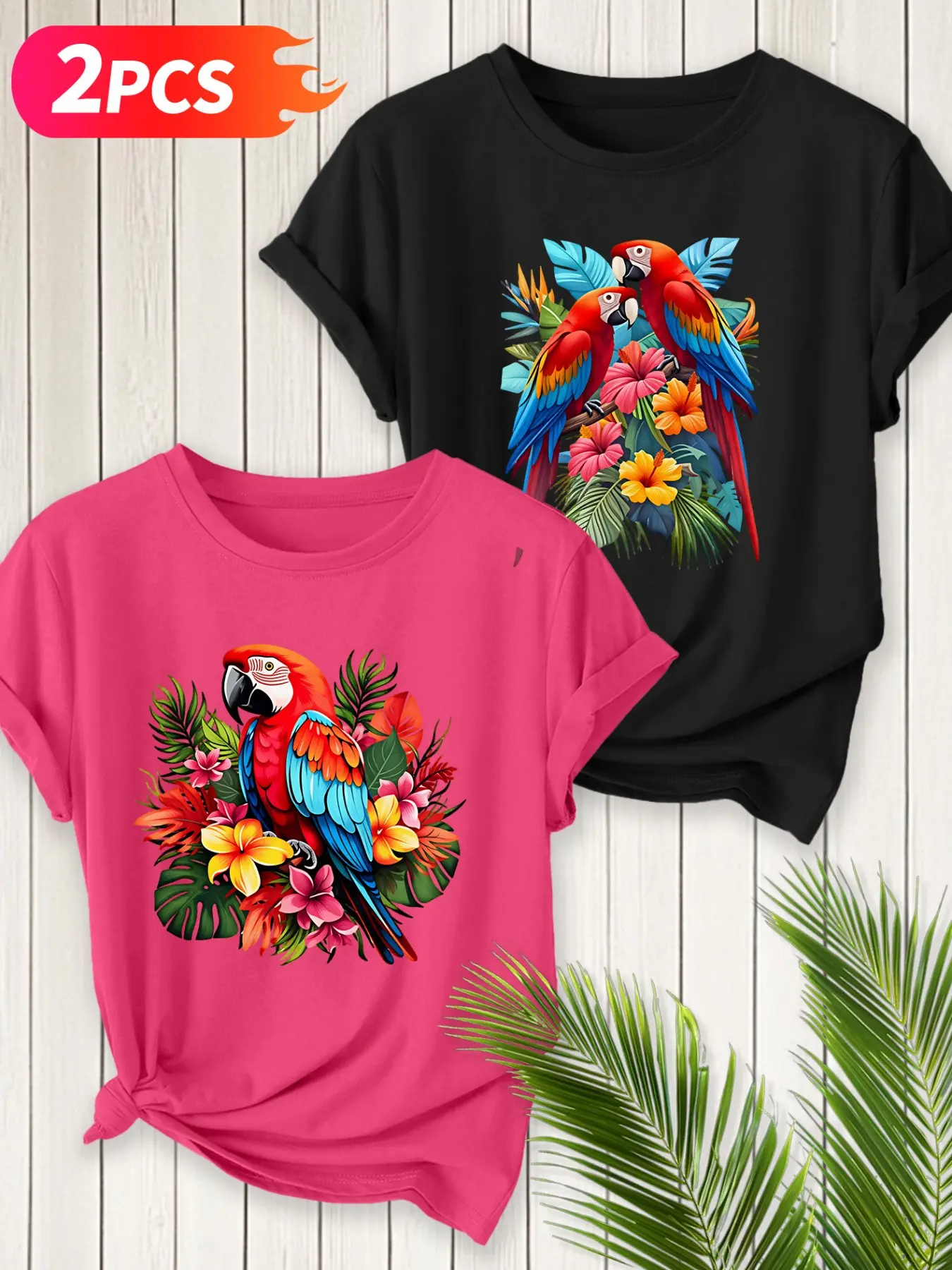 2Pcs Women Crew Neck T-Shirt, Vibrant Tropical Macaw Parrot Jungle Vacation Style Print, Multi-color Washable Spring Summer Top, Soft Skin-friendly Fabric Daily Versatile Fashion Design