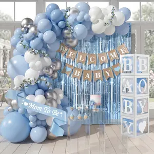 Gemscream 133 Pcs Baby Boy Shower Decorations Set, Burlap Banner, White Baby Boy Boxes, Light Blue Foil Curtains, Blue & White Garland, "Mom to Be" Sash & Balloon Arch Kit Gender Reveal Party Supplies