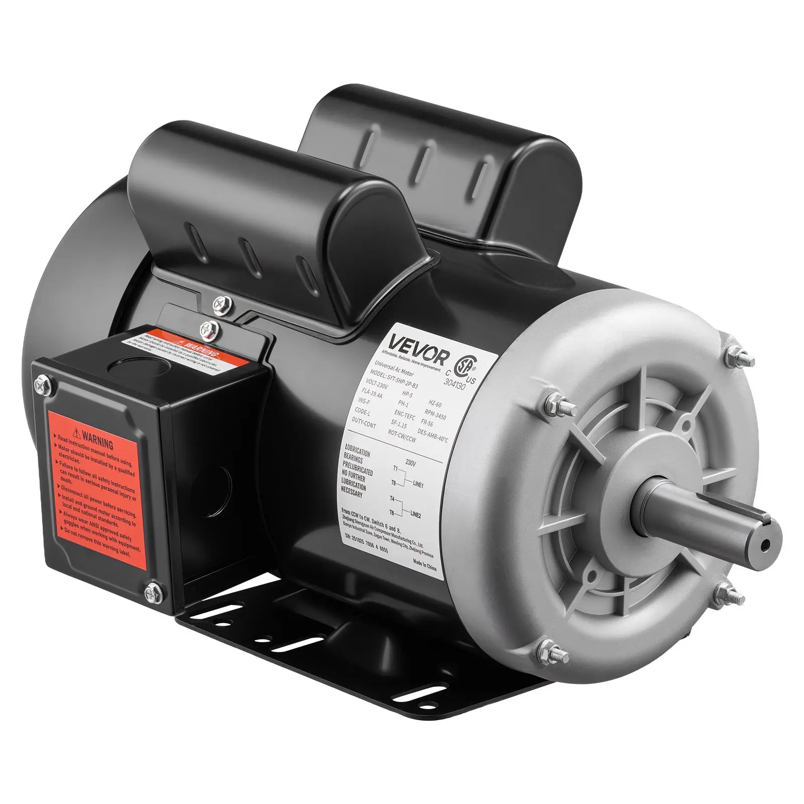【DealsForYouDays】VEVOR 5 HP Electric Motor, 3450RPM Air Compressor Motor, CW/CCW Rotation, 0.875 inch Shaft Diameter, 2.25inch Shaft Length, 10.14N. m Torque, Single-Phase, 230V, TEFC Cooling