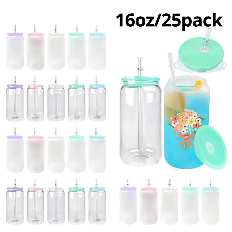 25-Pack 16oz Sublimatable Clear/Frosted Tumblers (Reusable Glass Bottle), Kitchenware Drinkware Set with Color PP Lids, Bamboo Lids, Straws, Beer Glass Option, Festive Gifting Item