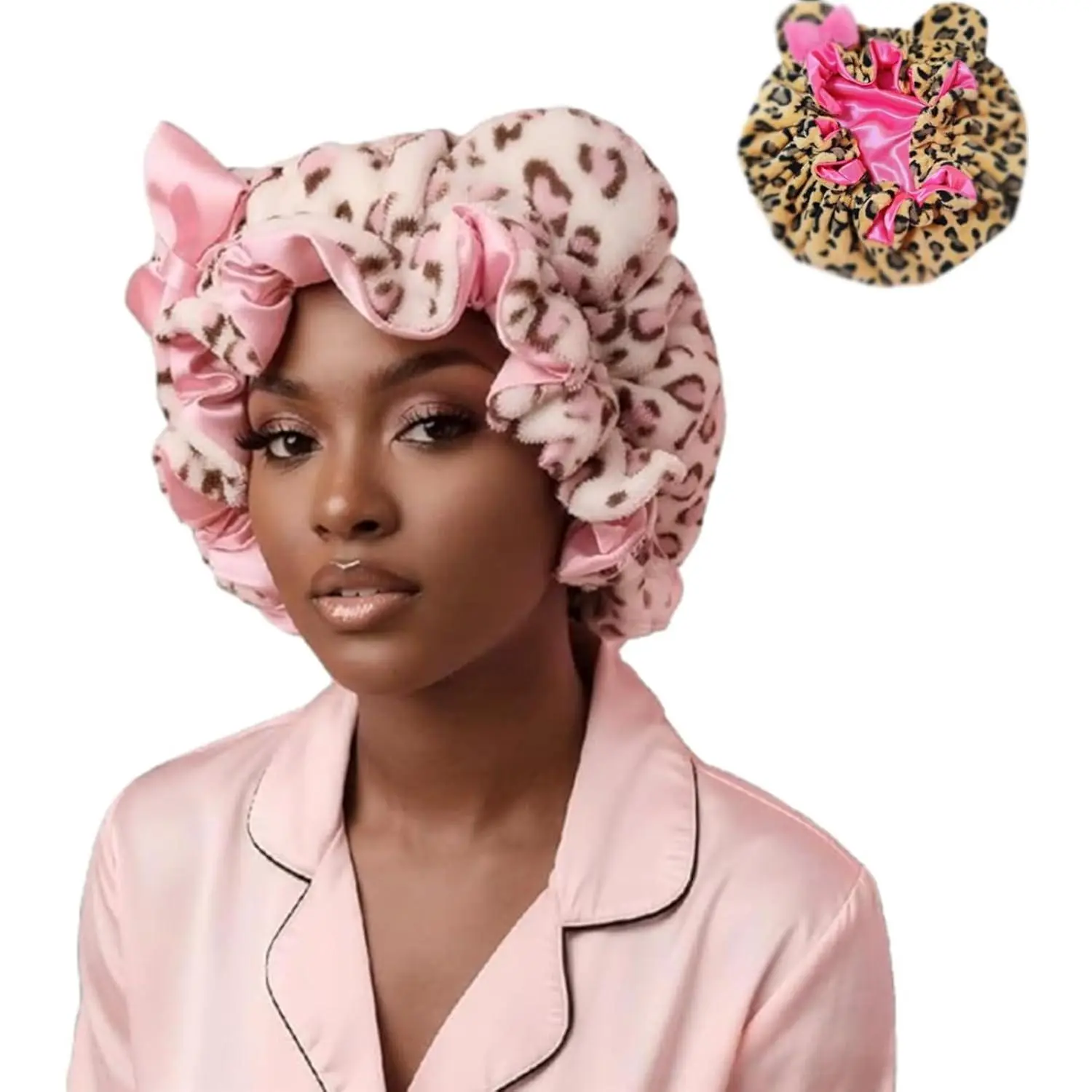 Women's Plush Satin Bonnet - Curly Hair Nightcap with Cute Animal Ears & Bow, Luxury Double-Layer Sleep Cap for Haircare, Friction-Free Protection, Hidden Adjustable Strap (Sports Headband Accessory)
