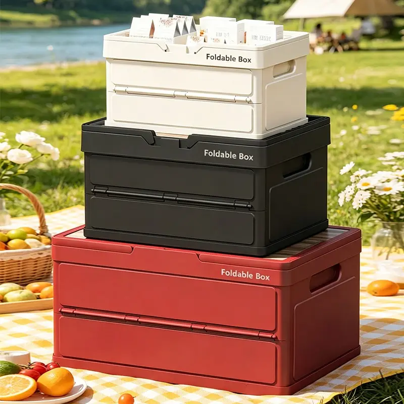 Portable Folding Camping Box with Wooden Lid and Handle, Foldable Storage, Ideal for Car Storage, Durable Organizer for Outdoor Adventures