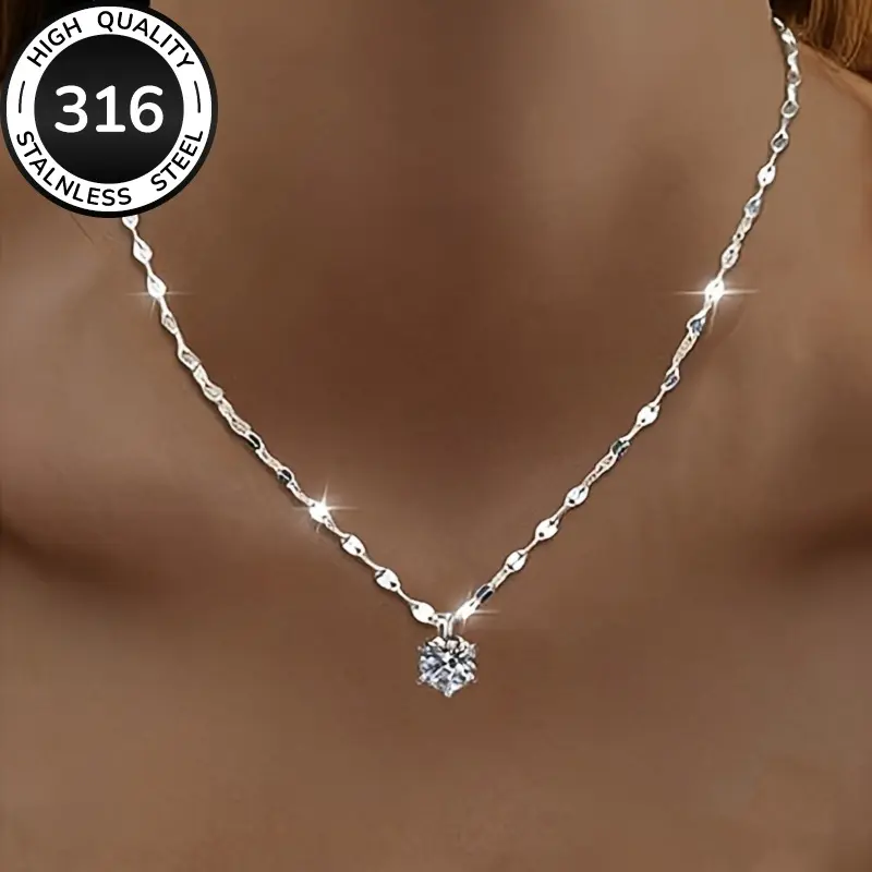 Women's Luxury Stainless Steel Lip-Shaped Pendant Necklace, 6-Claw Shiny Synthetic Zirconia, Wedding Promise Gift for Valentine's Day Costume Jewelry