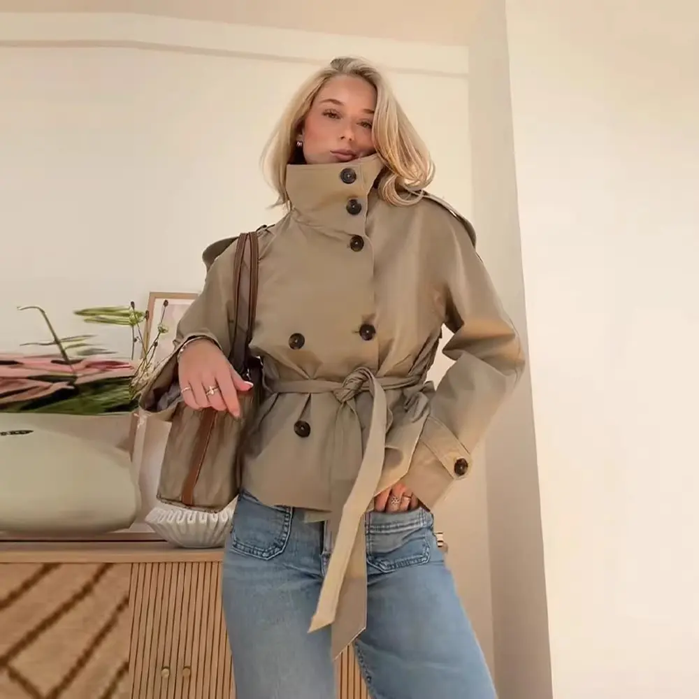 Women's Cropped Trench Coat, Stand Collar Double Breasted Belted Jacket, Long Sleeve Short Trench, Chic Fall Spring Casual Workwear Outerwear