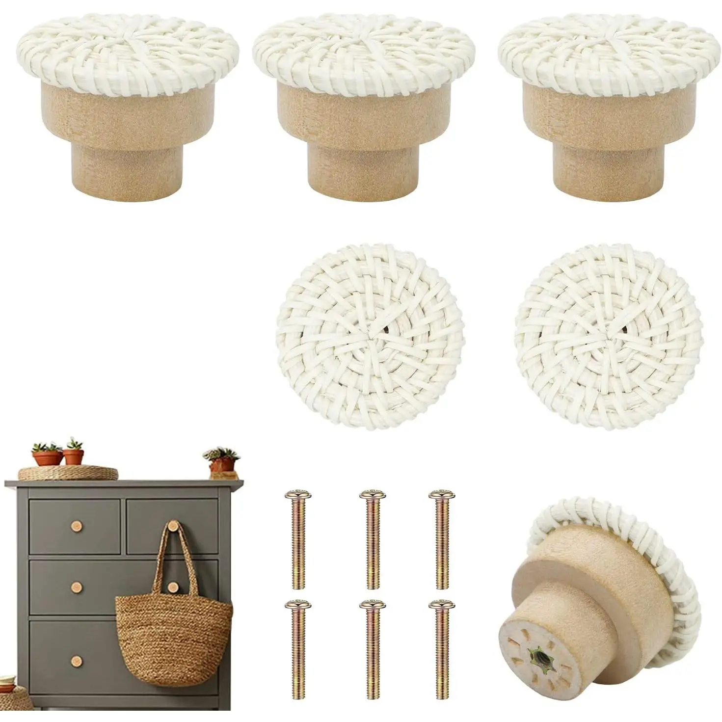 6 count Boho Rattan Dresser Drawer Knobs  Cabinet Pulls (Beige) | Girl Decorative Knob, Coastal Furniture,  Rattan Woven Pull, Easy to Install with Screws,For Kitchen Bathroom Dresser