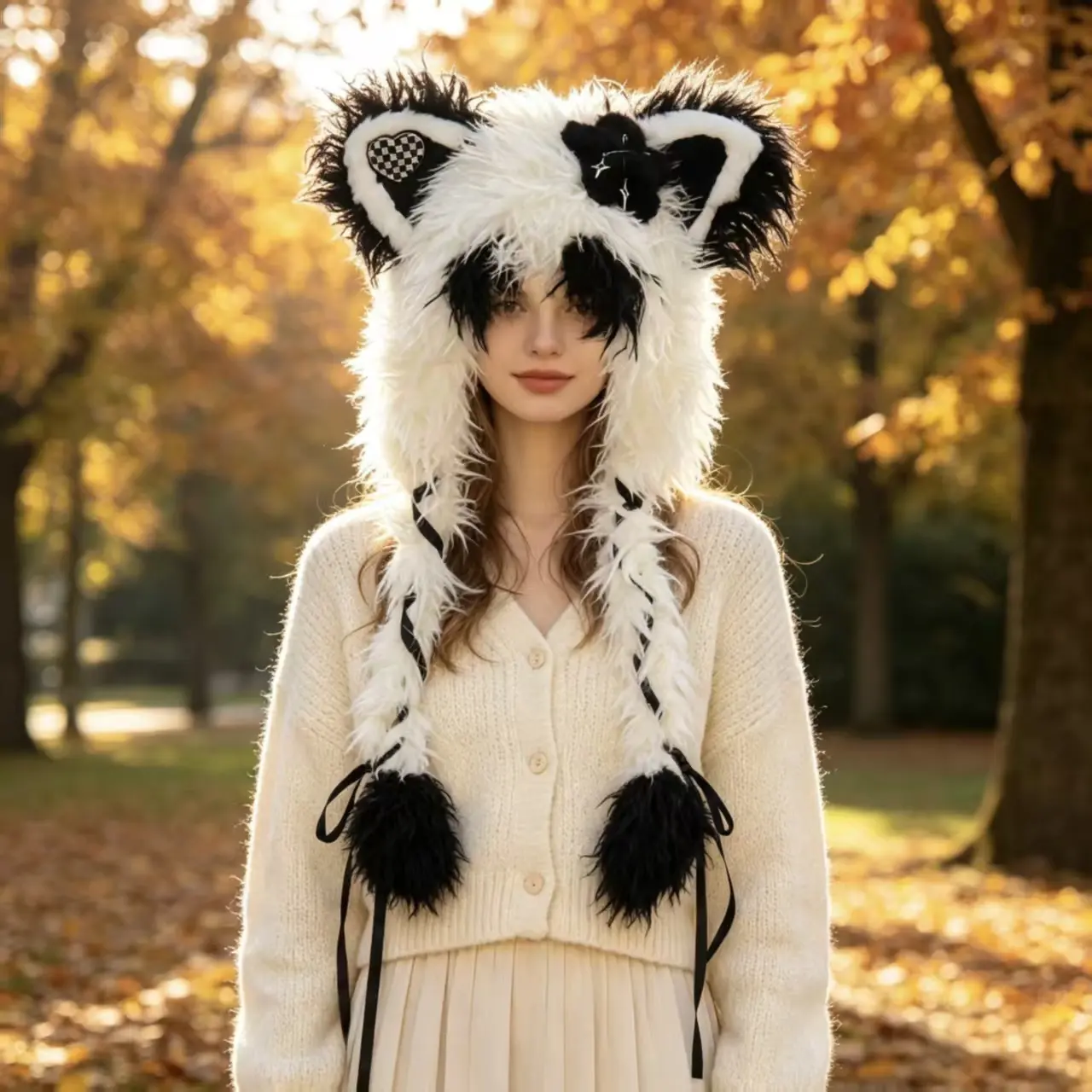 Fluffy Cat Ear Hood Hat with Bow, Star Ribbons & Ear Flaps for Warmth in Autumn and Winter, Cute Gothic Lolita Furry Warm Winter Hat, Ideal for Cat Ear Cosplay, Halloween & Christmas Costume Accessory