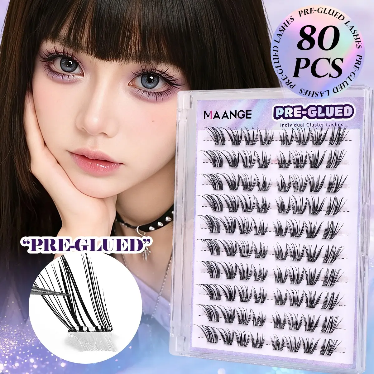 MAANGE 80/120 Pcs Pre‑Glued Individual Cluster Lashes, C/D Curl Self‑Adhesive False Eyelashes, No Extra Lash Glue Needed, Reusable Natural Curled Lash Clusters, Easy to Apply for Beginners, Soft Lightweight for Daily & Party Eye Makeup