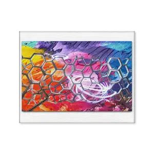 Modern Abstract Unframed Canvas Wall Art - Vibrant Colors with Silver Hexagonal Grid & Light Trails, Tech-Inspired Decor for Gaming Room, Living Room, and Office