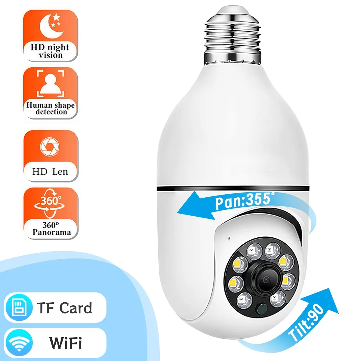 2.4G WiFi Bulb Camera, Pan Tilt Full Color Night Vision, Motion Detect Two-Way Audio, TF & Cloud Storage, E27 Easy Install WiFi Security Camera for Home Shop Office Bedroom Security Cameras WiFi