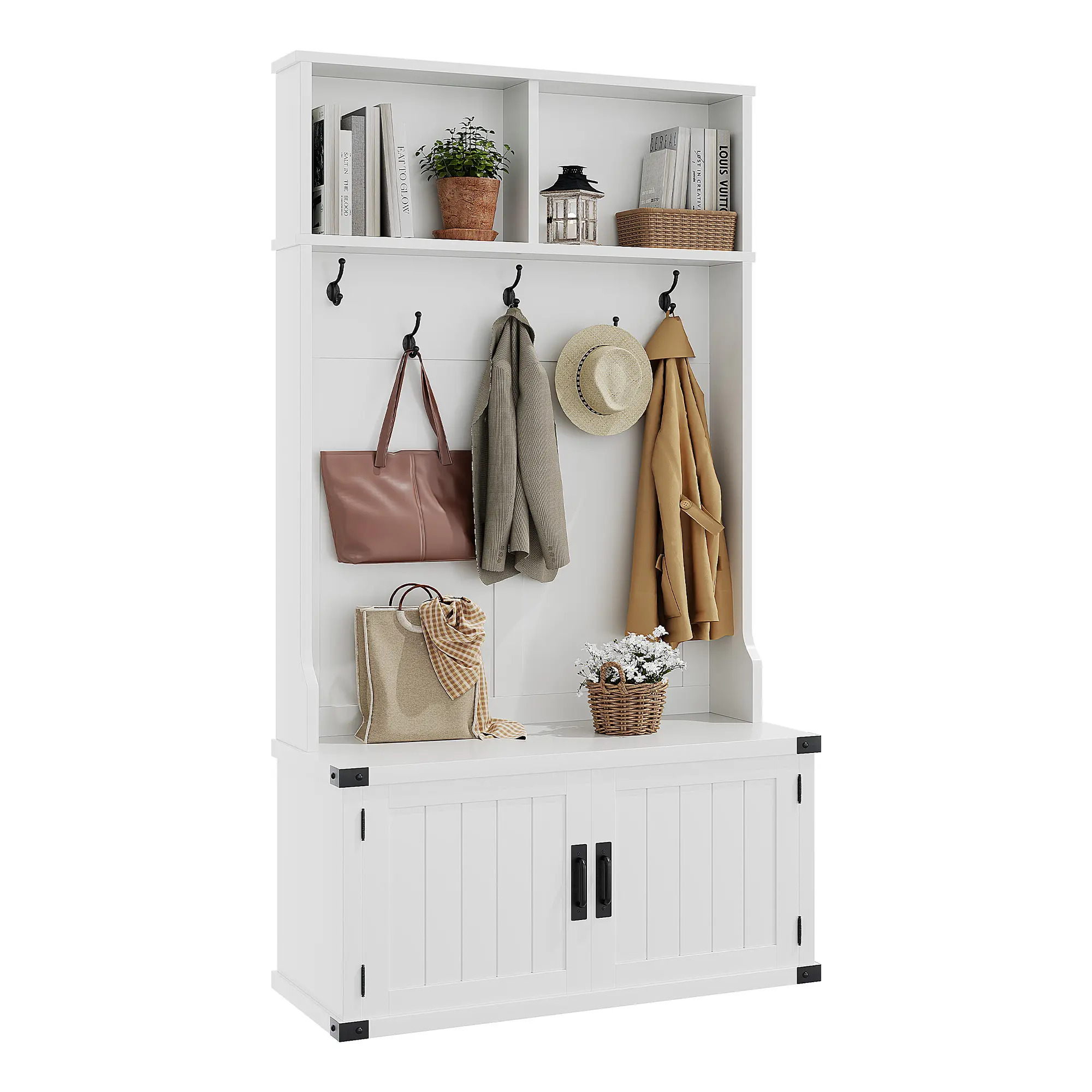 3-in-1 White Entryway Hall Tree Organizer – Bench with Adjustable Shoe Storage, 5 Hooks, Open Cubbies, Multifunctional Design for Mudroom, Foyer, or Living Room, Easy Assembly