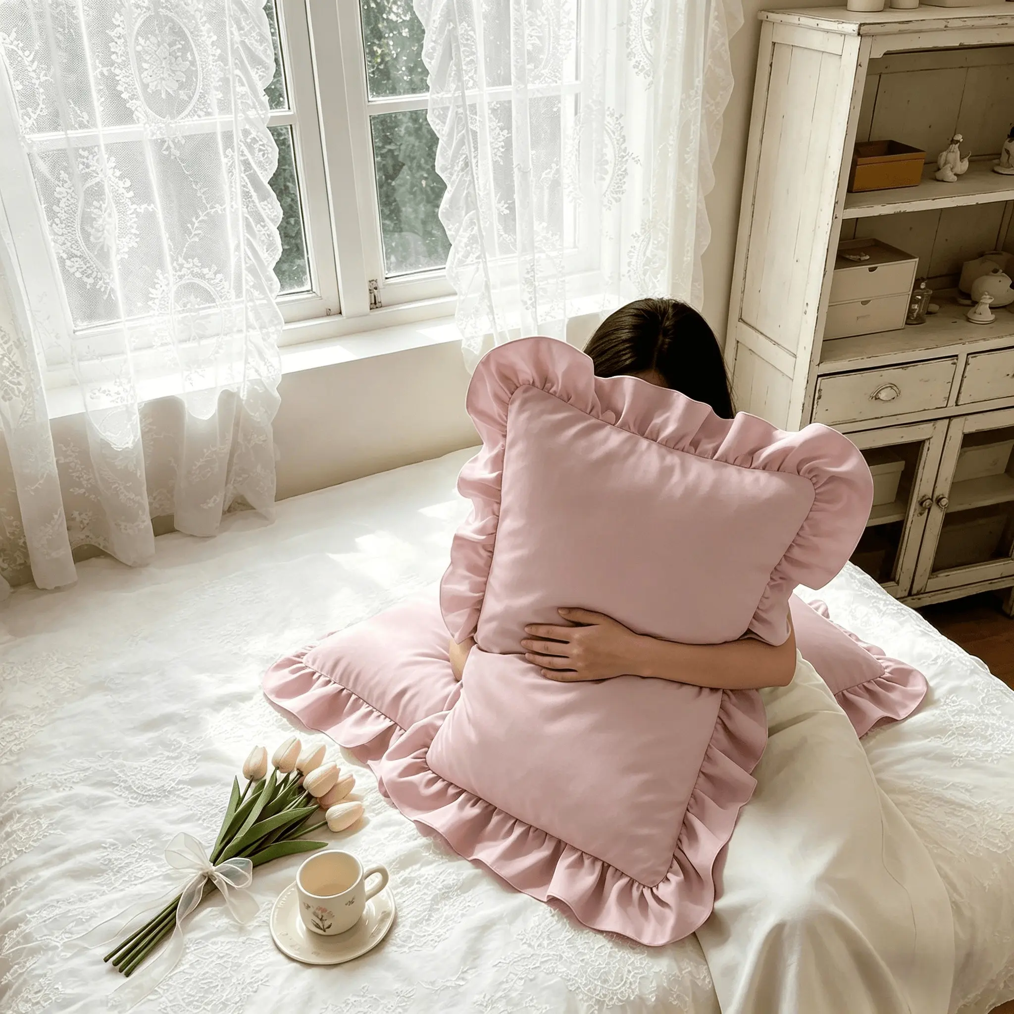 2 Piece French Vintage Ruffled Pillowcases, No pillow core Soft Comfortable Breathable Skin-Friendly, All-Season Use, Bedroom Sofa Home Decor (no Pillows)