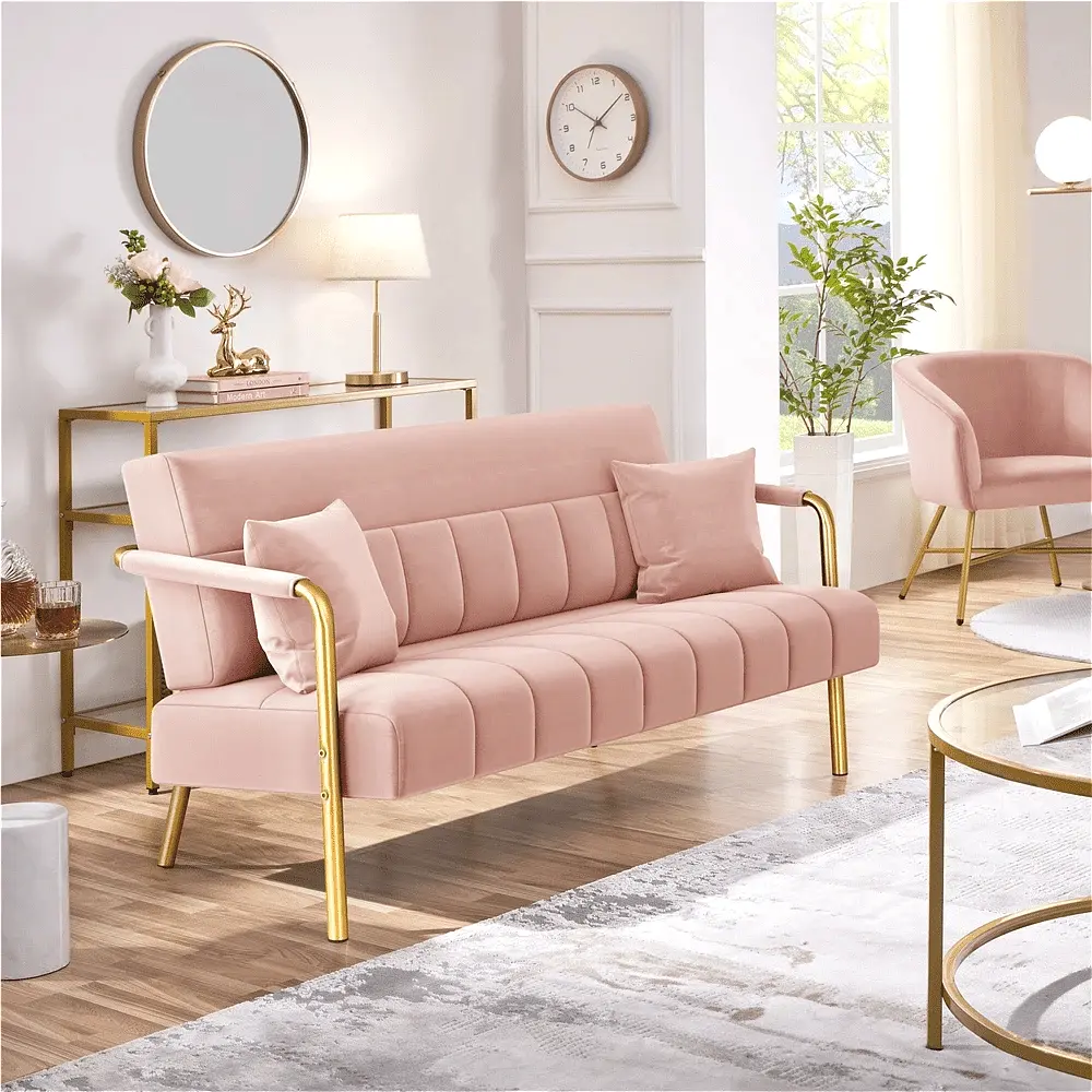 1pc Velvet Upholstered Sofa Couch, Chic Sofa With Mid-Height Backrest, Elegant Loveseat With Gold-Tone Metal Legs For Bedroom, Studio, Office