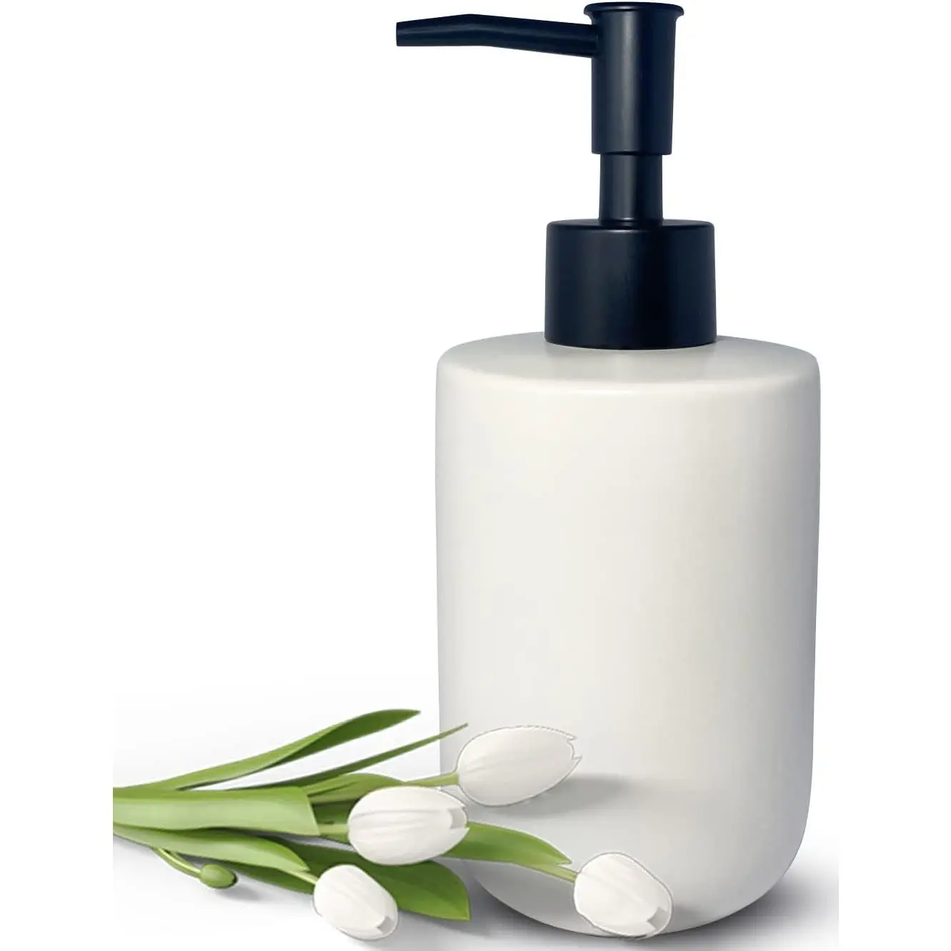 White Soap Dispenser with Matte Black Pump for Bathroom,Minimalist Modern Design Cylindrical Lotion Dispenser,12oz Ceramic Hand Dish Soap Dispenser,Refillable Liquid Dispenser for Kitchen (White)