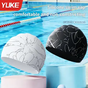 Women'S Silicone Waterproof Non-Constricting Head Large Size Printed Long Hair Special Ear Protection Swimming Cap Men