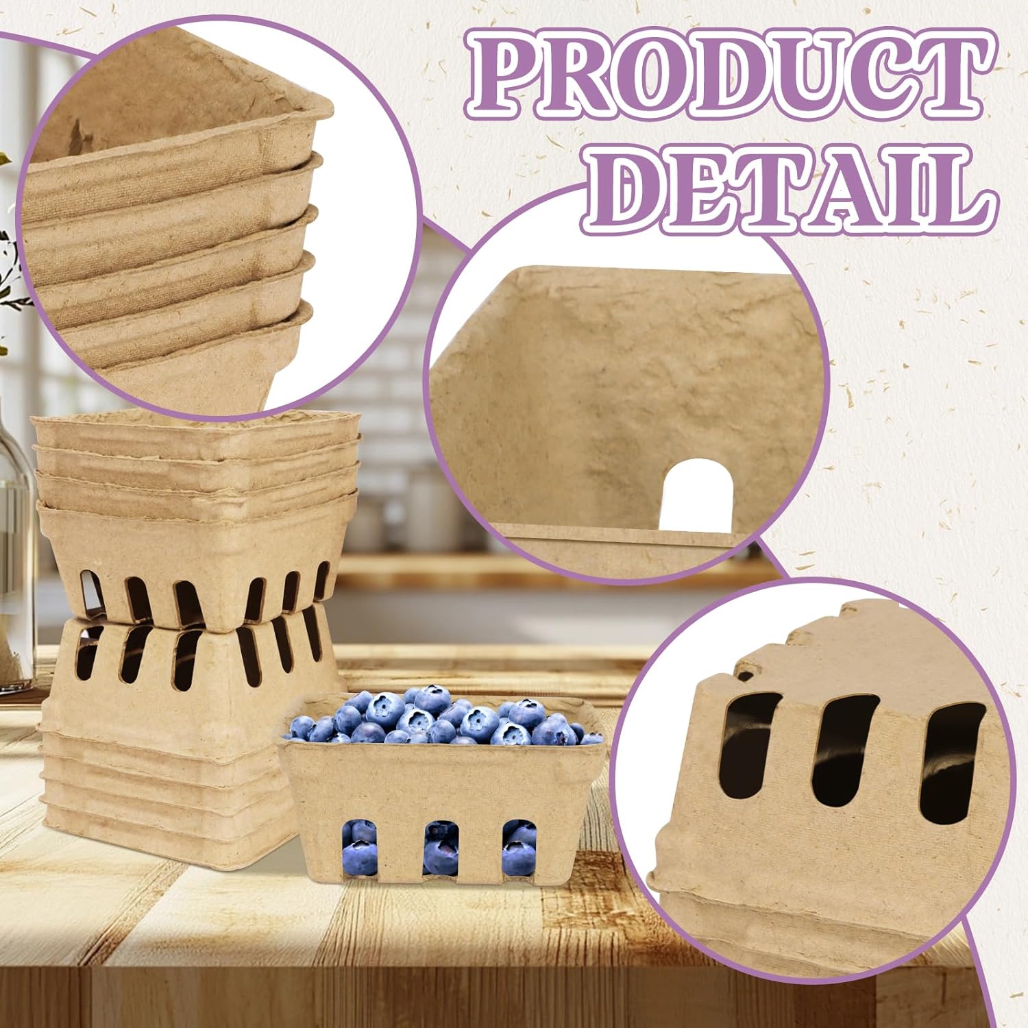 20 Pack  Pulp Fiber Berry Basket, Small Farmers Market Display Produce Baskets, Vented Berry Container for Strawberry Blueberry Raspberry Egg Fruit Vegetable, Grocery Store Supplies