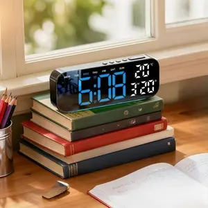 Large Display LED Digital Alarm Clock – Colorful Ambient Base Light, Dual Alarms, Date, Week & Temperature Display, USB & Battery Powered, Modern Bedroom Office Bedside Decor, Great for Summer Refresh