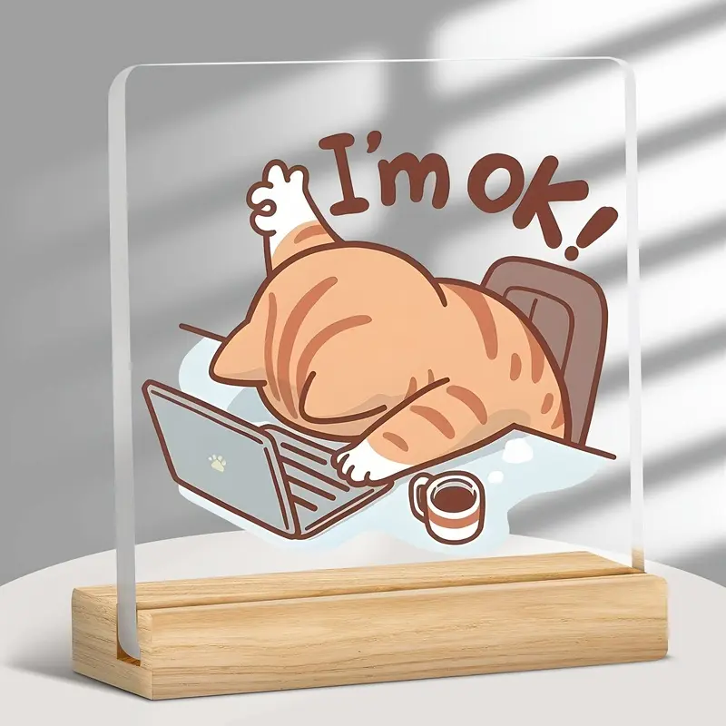1 piece acrylic desktop sign, "I'm Fine, Just Tired" Orange Cat acrylic desktop ornament, funny sleepy cat office desk plaque, workplace humorous decor, small desktop accessory, ideal gift for colleagues, home offices and cubicle desktop, Desk Signs