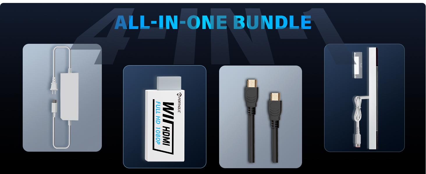 4 in 1 Wii Replacement Cables Set, Wii AC Power Adapter + Wii to hdmi Converter+ Wired Motion Sensor Bar and Composite Audio Video Cable for Nintendo Wii