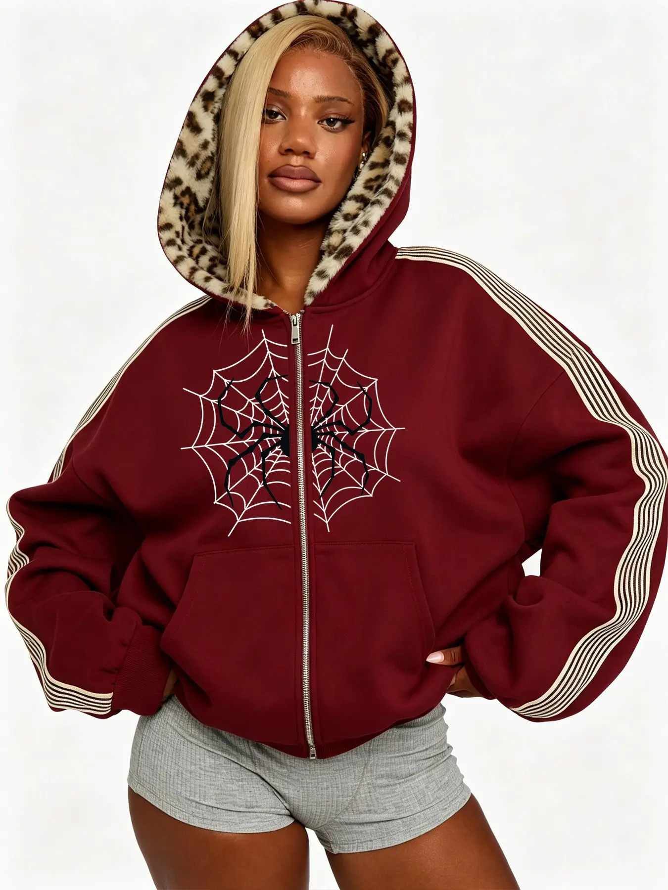 Hooded Zipper Sweatshirt, Long Sleeve, Loose Fit, Spider Print, Leopard Hat, Side Stripes, Comfortable, Casual Street Style, Fall & Winter