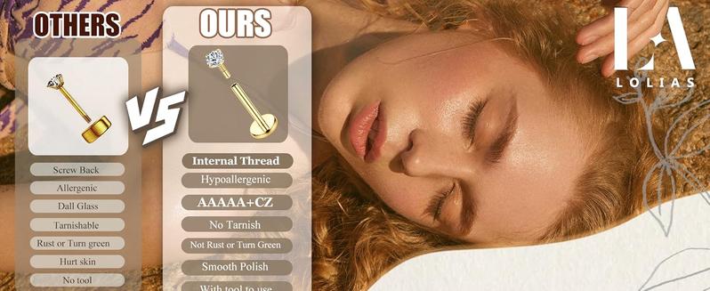 14K Gold Plated Flat Back Stud Earrings - 316L Surgical Steel Internal Thread CZ Stud Piercing Jewelry for Tragus Helix Cartilage Conch Nose Hypoallergenic Lip Monroe Labret Medusa Piercing 16G 18G