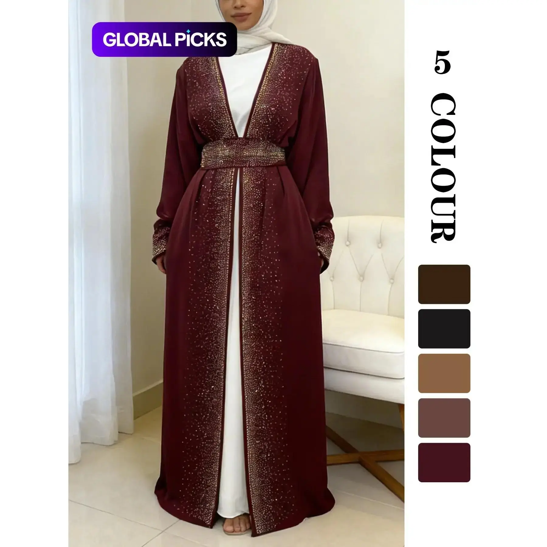 1Women's Glitter Rhinestone-Embellished Belted Long-Sleeve Open-Front Modest Abayas for Eid, Women's Islamic Clothing Islamic Abaya Dress for Spring and Fall, Elegant Islamic Clothing Muslim Clothing Islamic Modesty Clothes