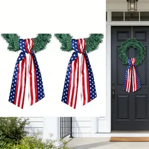 2pcs 4th of July Patriotic Satin Wreath Sash Red White Blue Stripe for Front Door Party Wall Doorway Porch Decoration