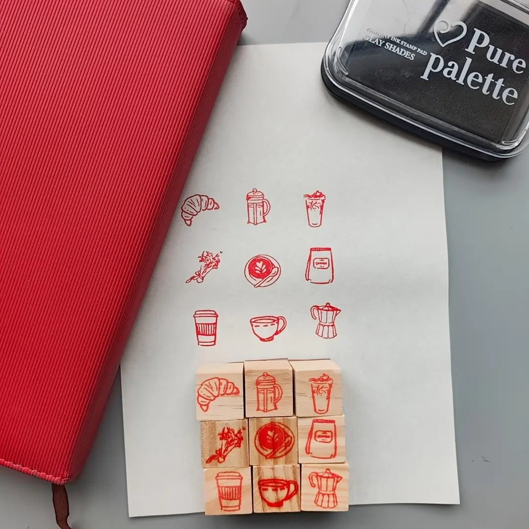 9 Piece Coffee Theme Wooden Crystal Resin Stamps Set, DIY Scrapbook Stamps Kit, 9 Unique Patterns, Handmade Craft Supplies