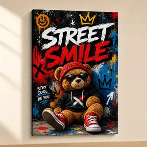 Street Smile Teddy Bear Graffiti Canvas Poster, Cool Urban Bear Wall Art, Trendy Aesthetic Print for Teen Bedroom, Living Room, Entryway, Modern Hip Hop Home Decor Gift,wall decor,poster.