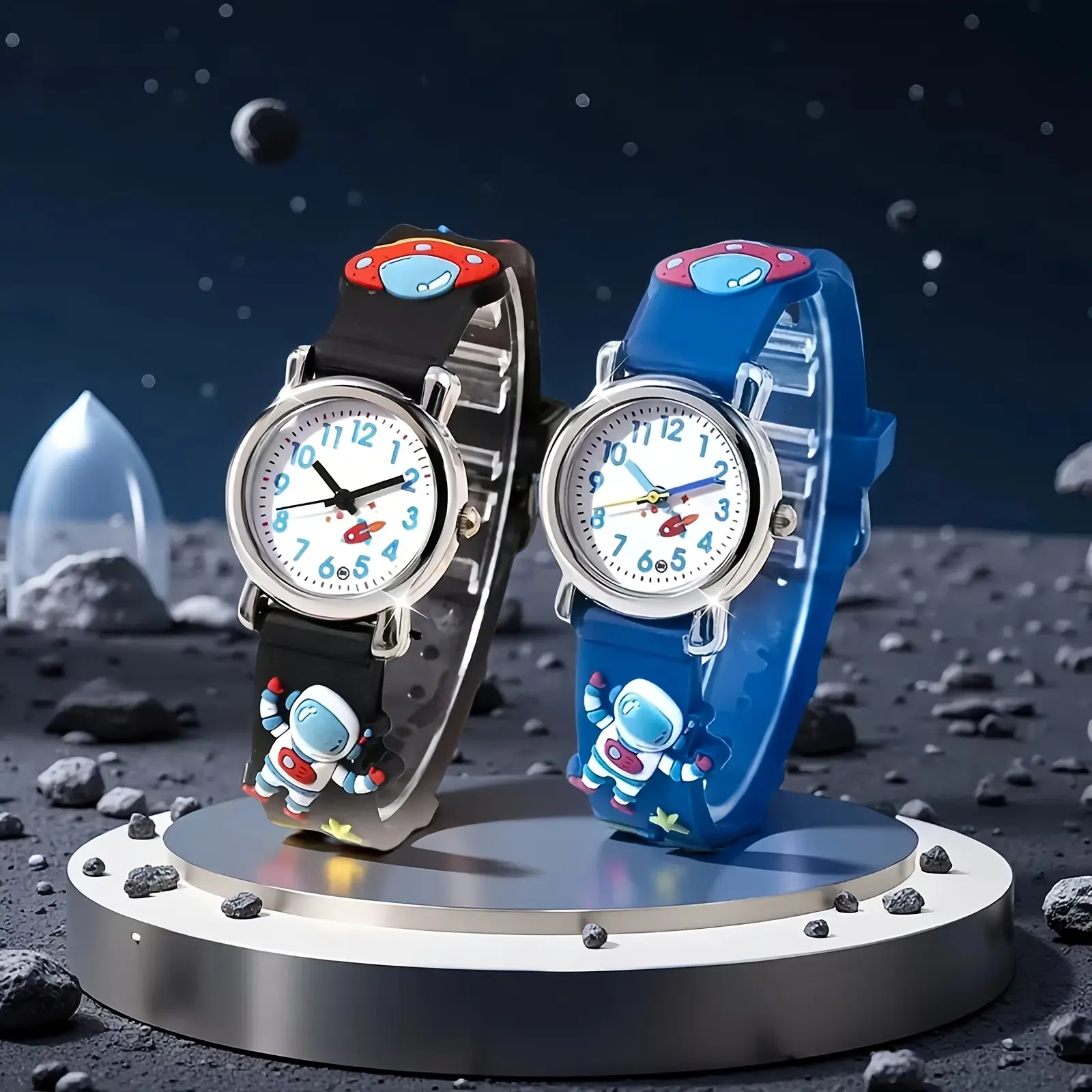 2pcs Creative Spaceship Astronaut Pattern Quartz Watches - Black And Blue