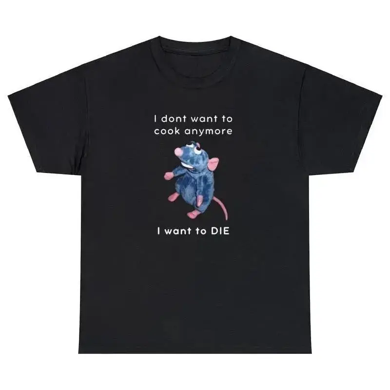 Men's Relaxed-Fit Short-Sleeve Comfy Fabric Menswear T-Shirt, Breathable Classic Ratatouille Parody "I Don't Want To Cook Anymore" Meme Funny Unisex Gift Top, Shortsleeve