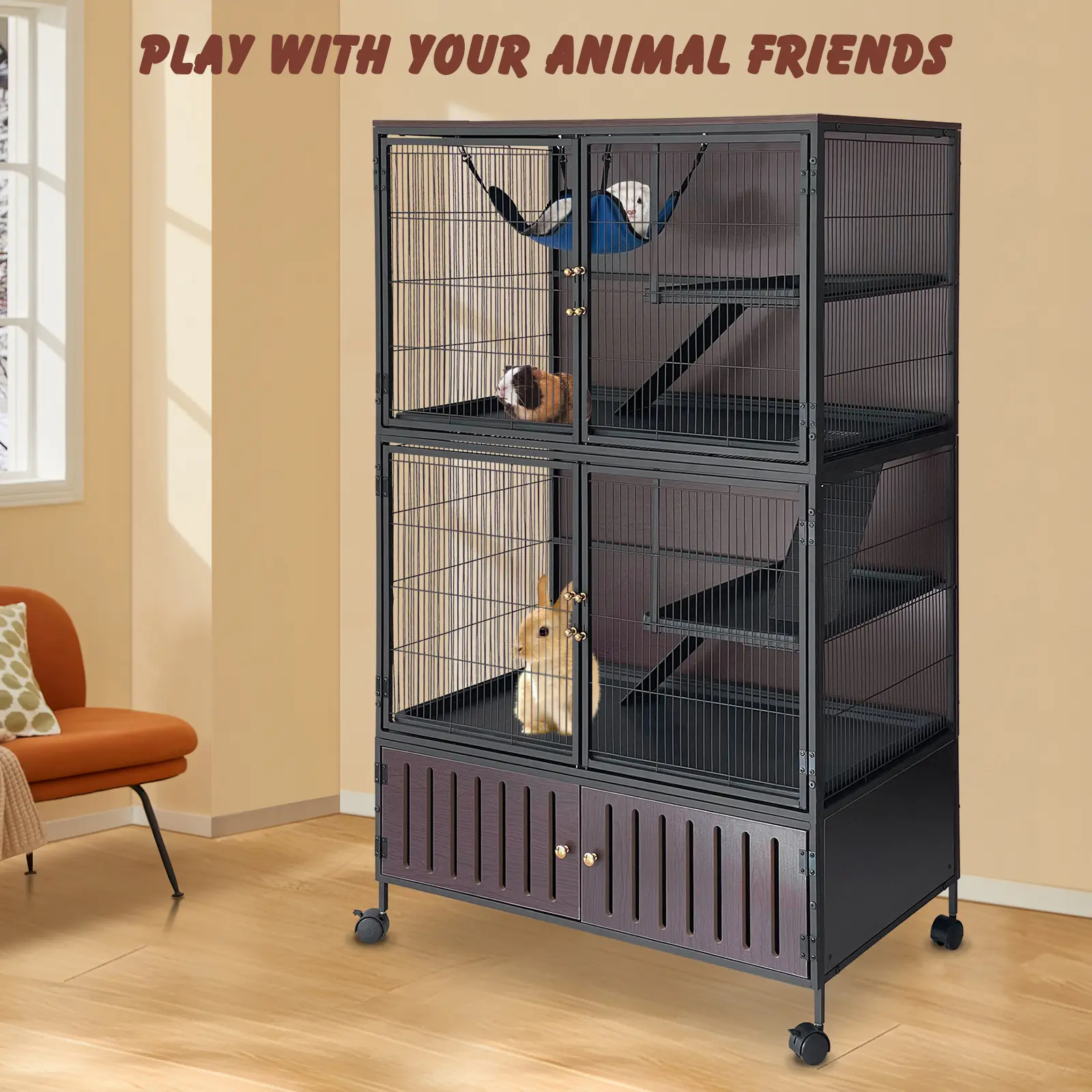 59in Rolling Small Animal Cage with Storage Shelf, 5-Level Metal Habitat, Locking Wheels, Trays and Ramps for Small Pets