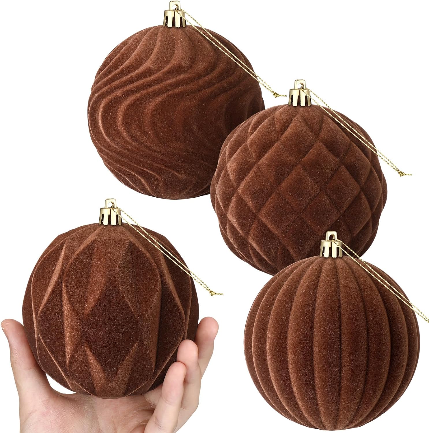 4 Pcs 4 Inch Brown Large Velvet Christmas Ball Ornaments Vintage Christmas Plastic Ball Ornaments Flocked Tree Hanging Decoration for Xmas Party Wedding Home Decor