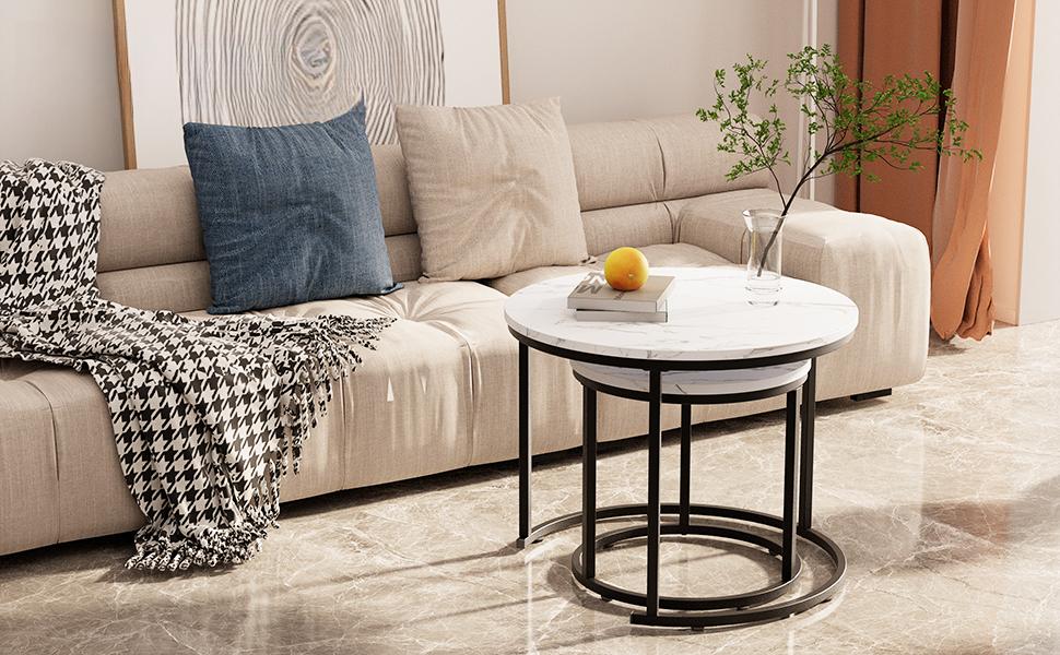 Round Nesting Coffee Table Side Table Set of 2 End Tables for Living Room Bedroom Balcony, White Faux Marble Wooden Table Accent Coffee Table with Black Steel Frame