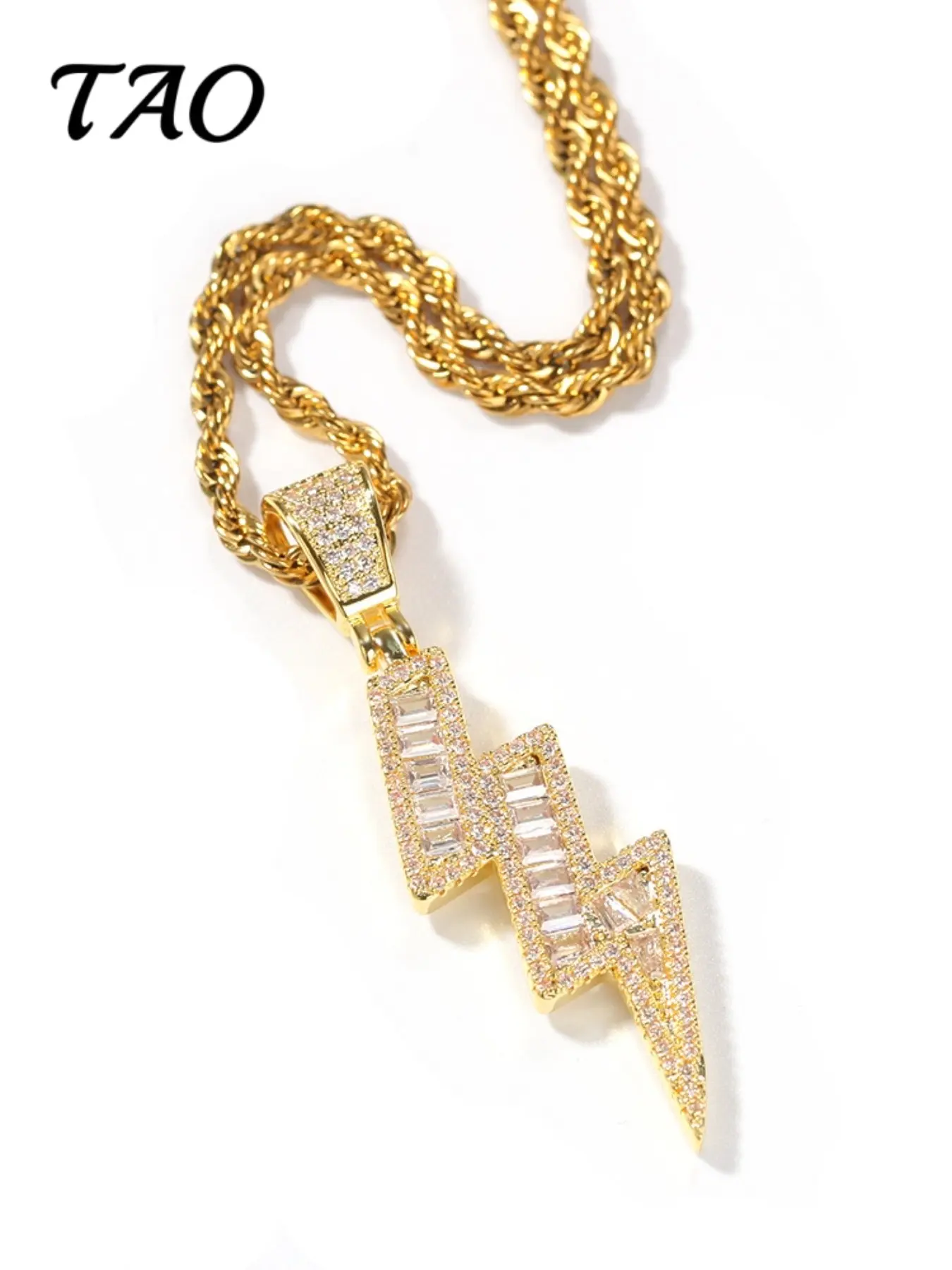 TAO-Creative Zircon Embedded Necklace, Three-Layer Lightning Pendant, 24-Inch Braided Chain, Hip Hop Style, Luxurious and Versatile