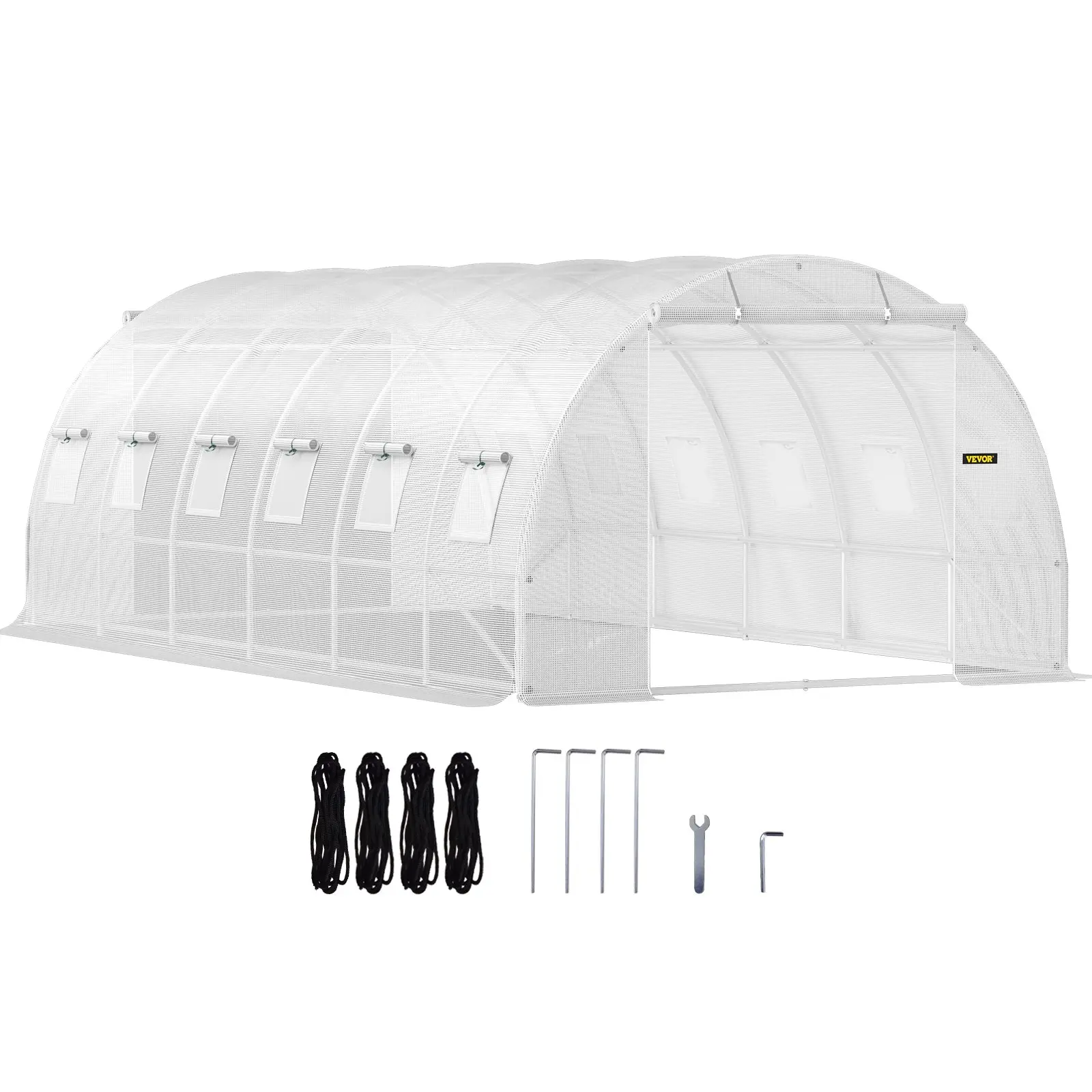 VEVOR 20x 10x 7 ft Walk-in Tunnel Greenhouse, Portable Plant Hot House with Galvanized Steel Hoops, 3 Top Beams, Diagonal Poles, 2 Zippered Doors 12 Roll-up Windows, White